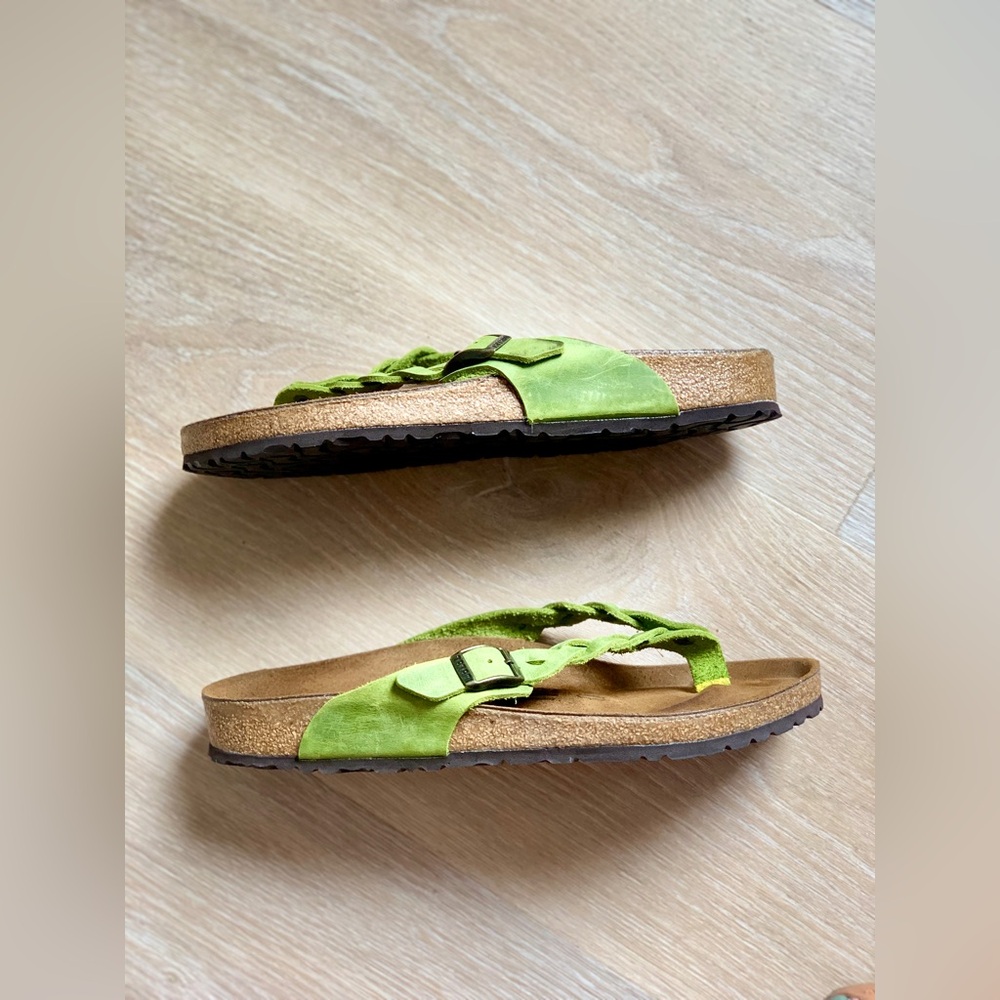 Birkenstock Braided Lime Green Leather Thong Sandals - Picture 2 of 13
